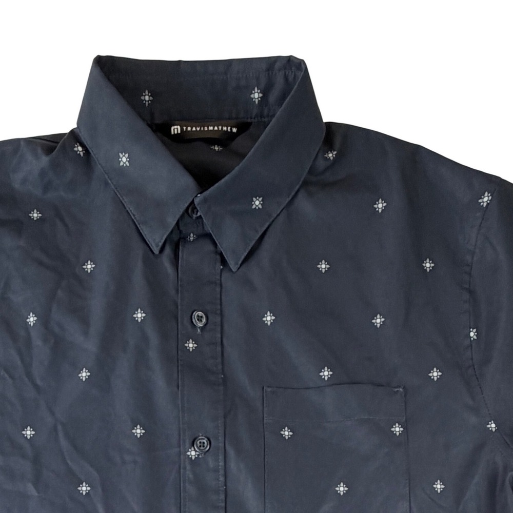 TravisMathew Mens Short Sleeve Button Down Shirt Navy Geometric Star Print M